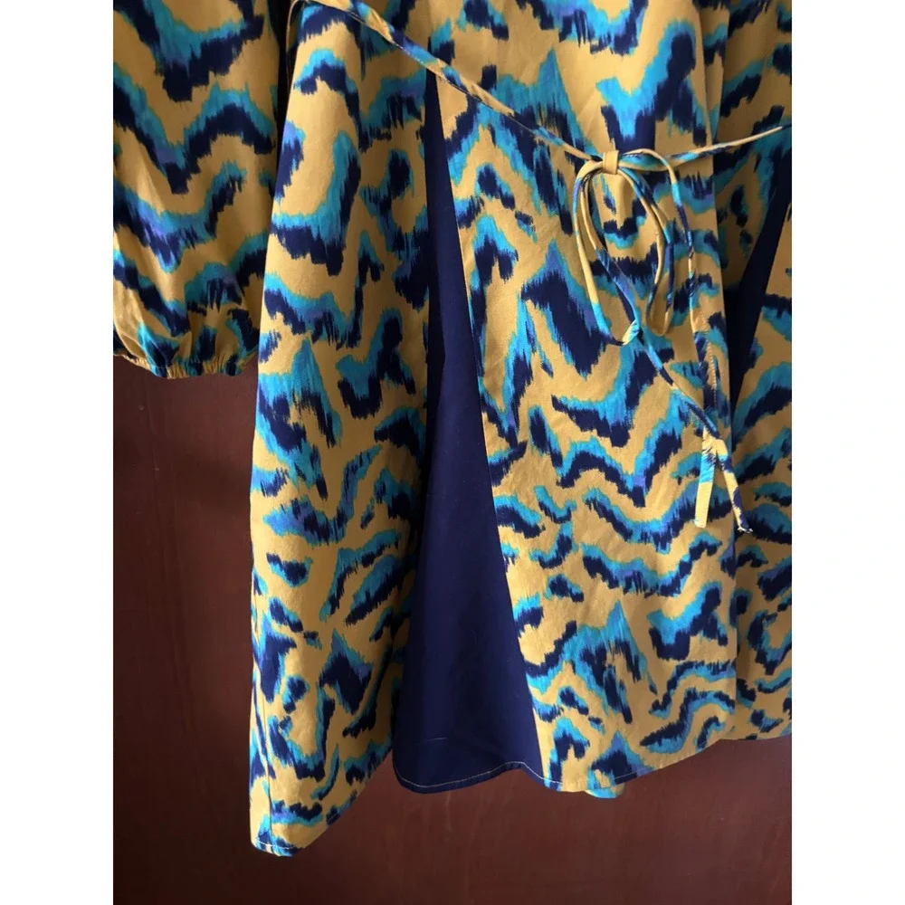 The Get Womens Print Mix Mini Dress Yellow Blue Ikat Long Sleeve Tie Waist L NEW